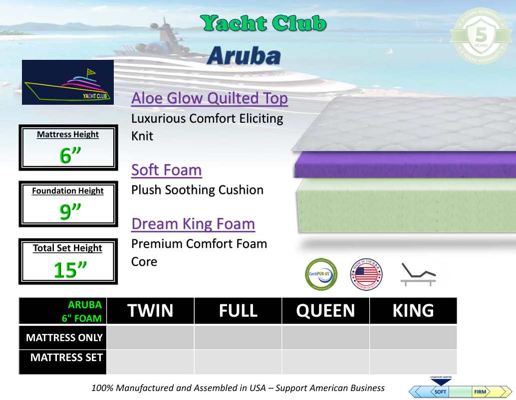 ARUBA – Yacht Club Collection (6-Inch Quilted Mattress) 50% off retail!